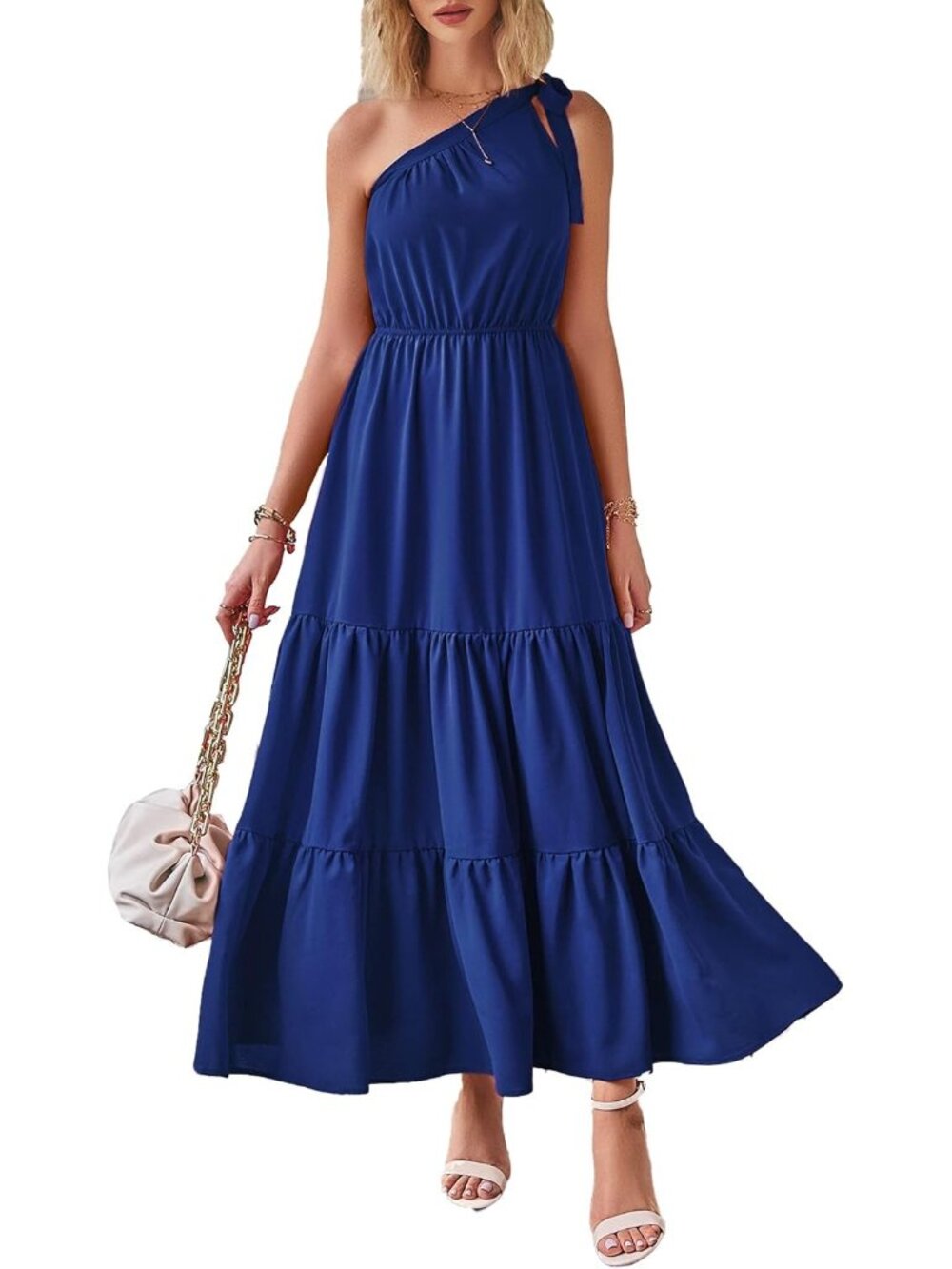 Women's Royal Blue Sleeveless Tiered A Line One Shoulder Boho Floral Maxi Dress